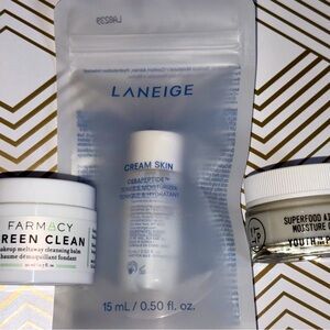 3 PC Prestige Skincare Set: Farmacy Green Clean, Laneige Toner, YTTP Moisturizer